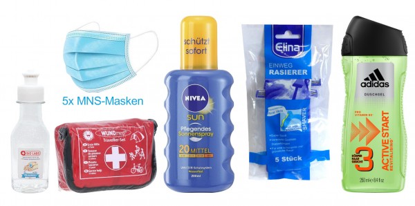 44768_Reiseset_Einwegrasierer_Verbandset_Sonnecreme_Duschgel_Desinfektionsmittel_Mundschutz