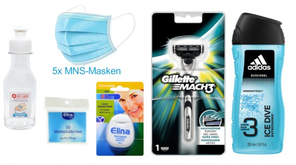 44807_Reiseset_Mach3_Rasierer_Wattestäbchen_Zahnseide_Duschgel_Desinfektionsmittel_Mundschutz